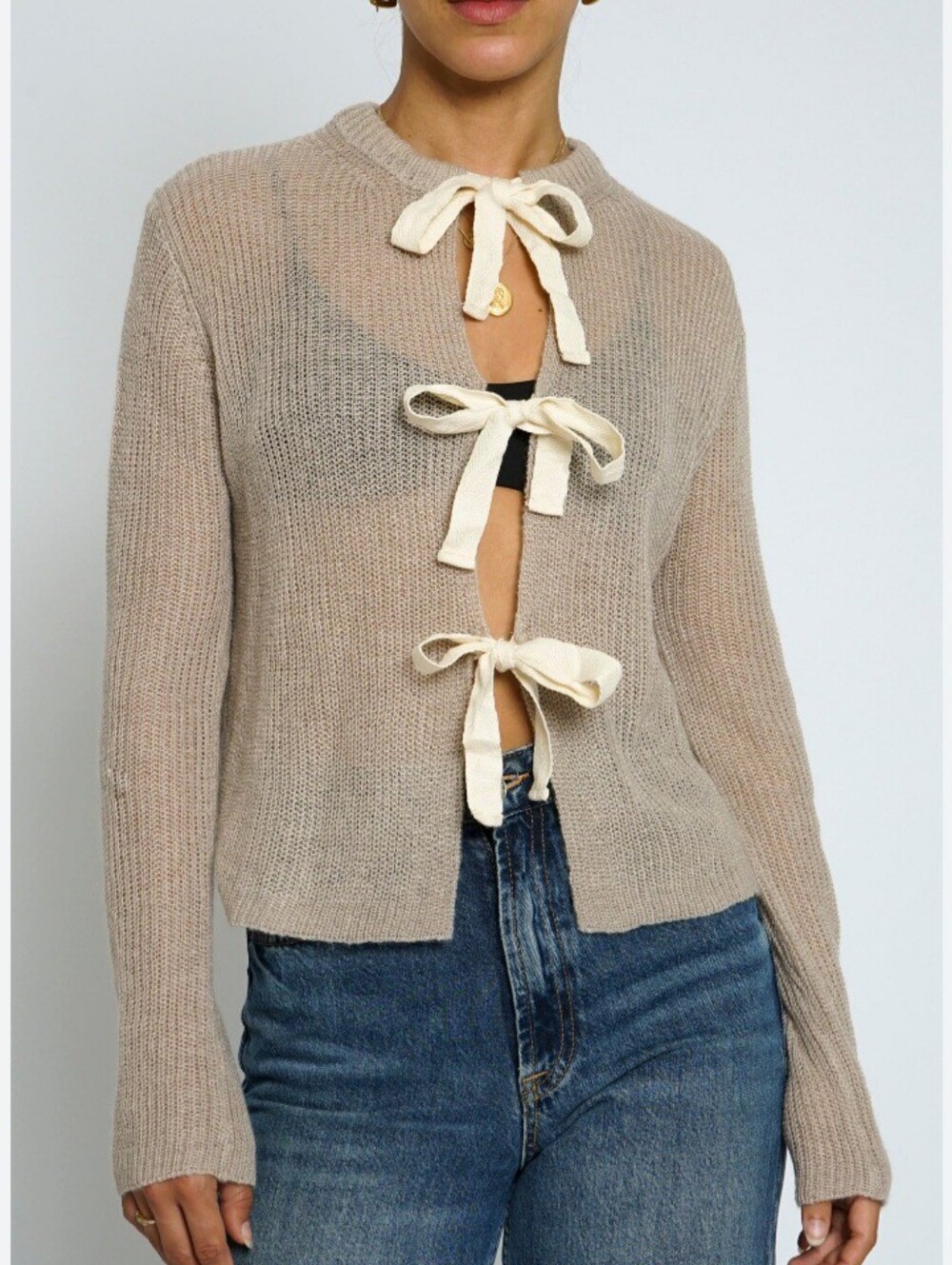 Zara Bow Knit Cardigan Sweater Wool Alpaca Blend Cream - Size L